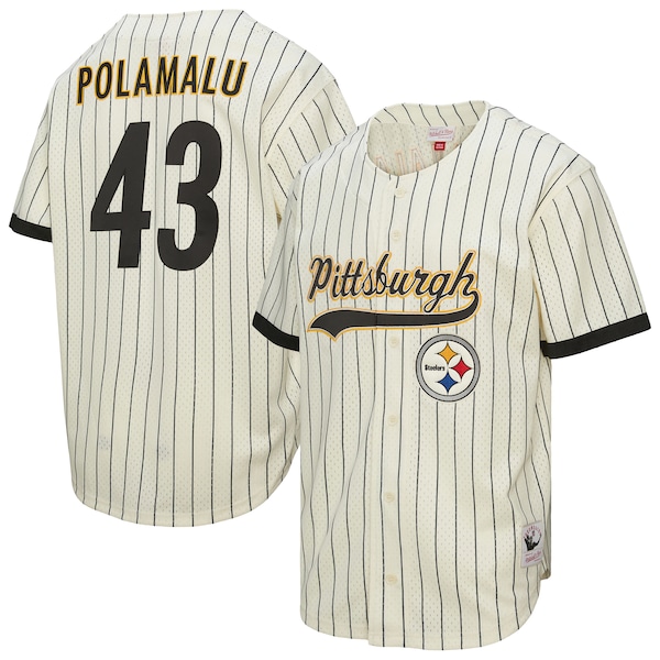 Mitchell AND Ness Troy Polamalu Herren Baseballtrikot IN Creme MIT Pittsburgh Steelers Logo Name UND Nummer Mesh Einsätzen UND Knopfleiste 2025/26